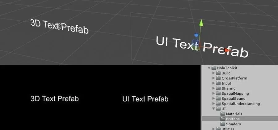 3D and UI text prefabs displayed in a software interface.