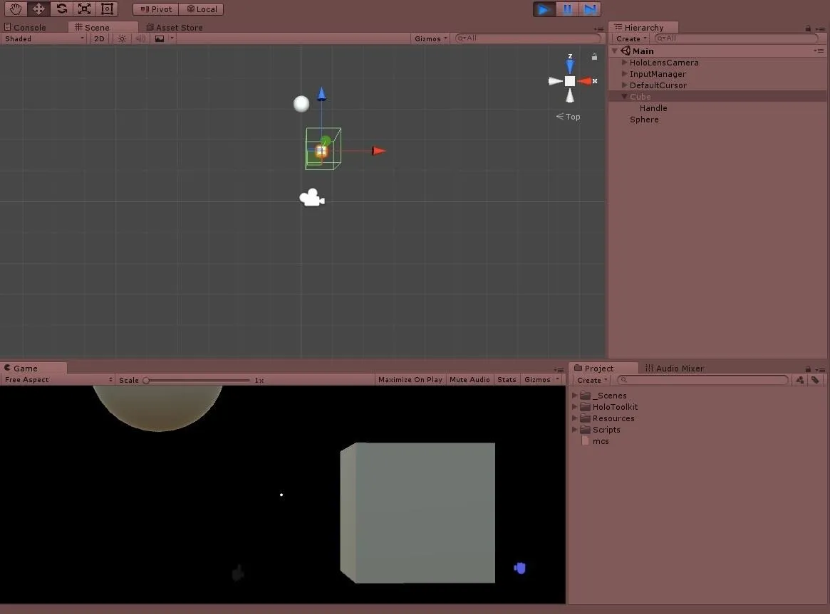 Game development interface displaying a scene in Unity with various elements and a space background.