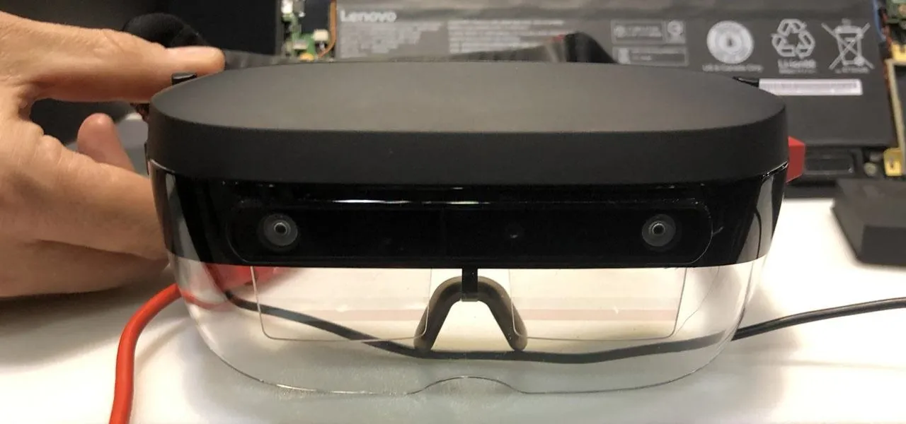 Augmented reality headset on a table.