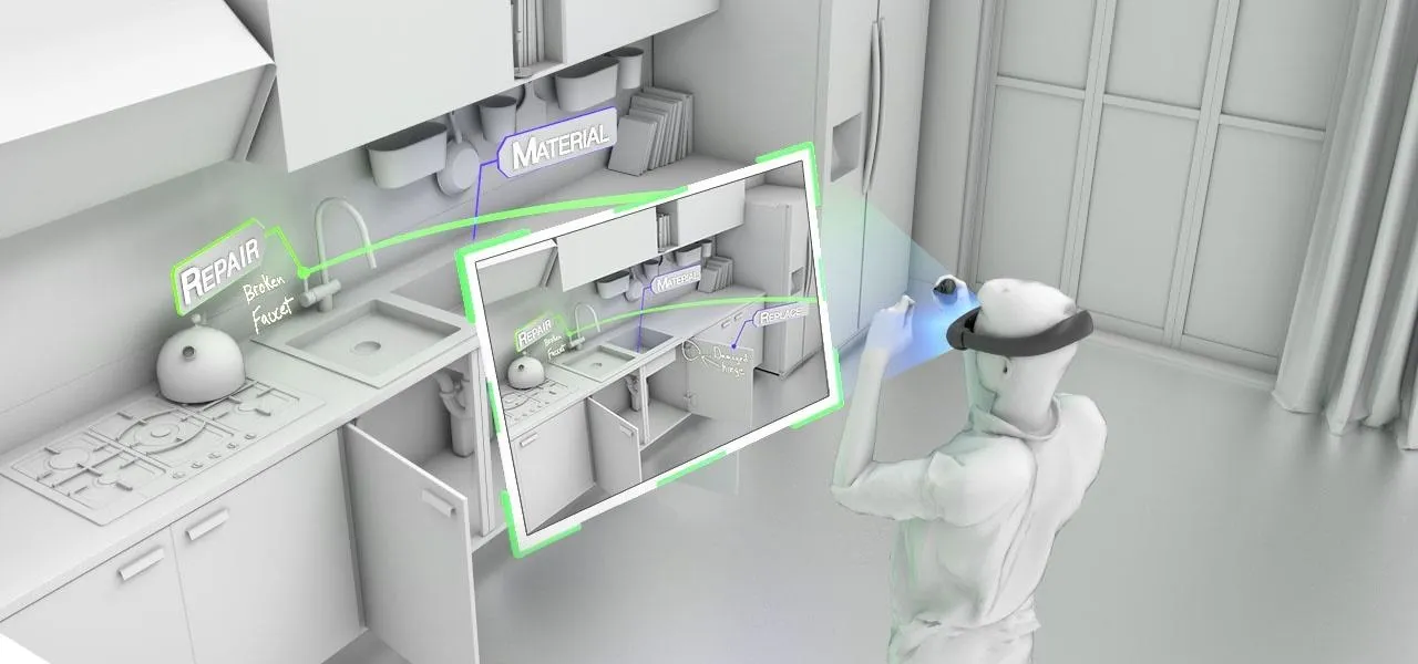 Person using augmented reality to interact with kitchen appliances and items.